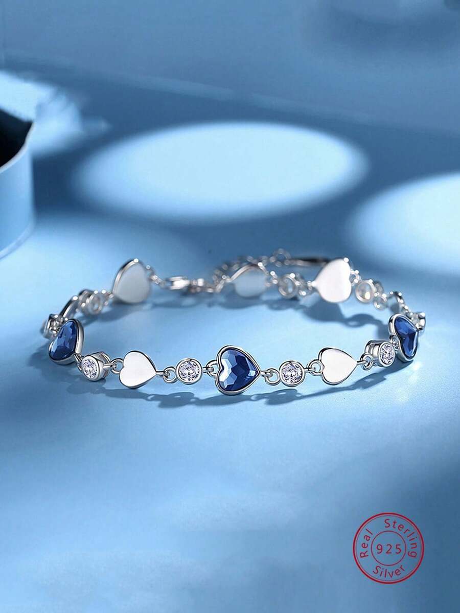 BLOVEMEE 1件优雅奢华925银锆石心形手链，适合女士日常佩戴、结婚纪念日首饰、万圣节礼物