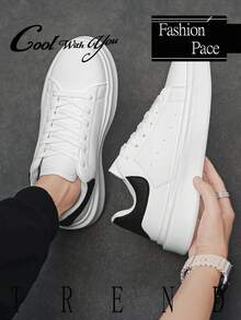 男士个性化黑白拼接系带舒适情侣休闲运动鞋，时尚户外街头滑板鞋 - 白黑 - 查看 5