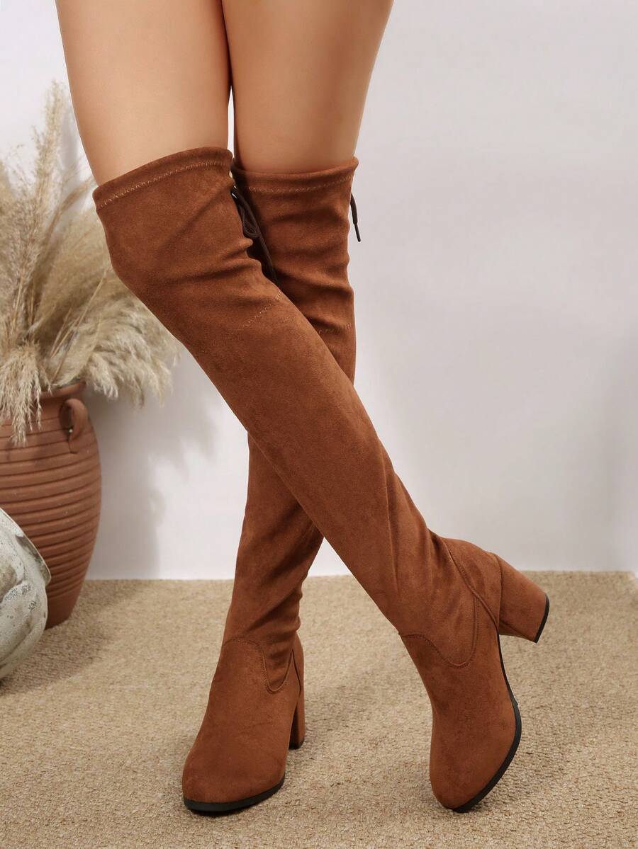 秋冬女士麂皮过膝长靴，修身高筒靴，粗跟骑马靴，休闲时尚弹力过膝长靴 - 駝色 - 查看 1