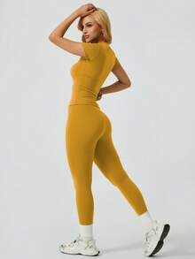 NcmRyu 1 Set Women's Solid Color Elastic Crew Neck Short Sleeve Pants Sports Suit Summer - 芥末黃 - 查看 6