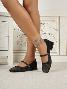 French Velvet Women's Rhinestone Embellished Chunky Heel Strap Pumps, Suitable For Summer And Autumn - Black - View 5