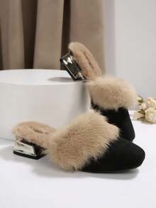 Dép lê nữ mùa thu/đông, đế dày thoải mái, mũi vuông, kiểu dáng slip-on, có lông. - màu đen - Xem 4