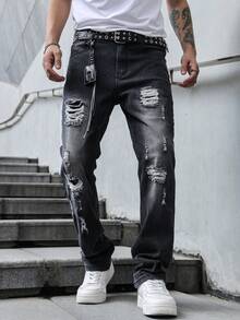 Men's Slim Fit Stretch Distressed Washed Denim Jeans, Casual American Street Style, All Season - Grey - View 1