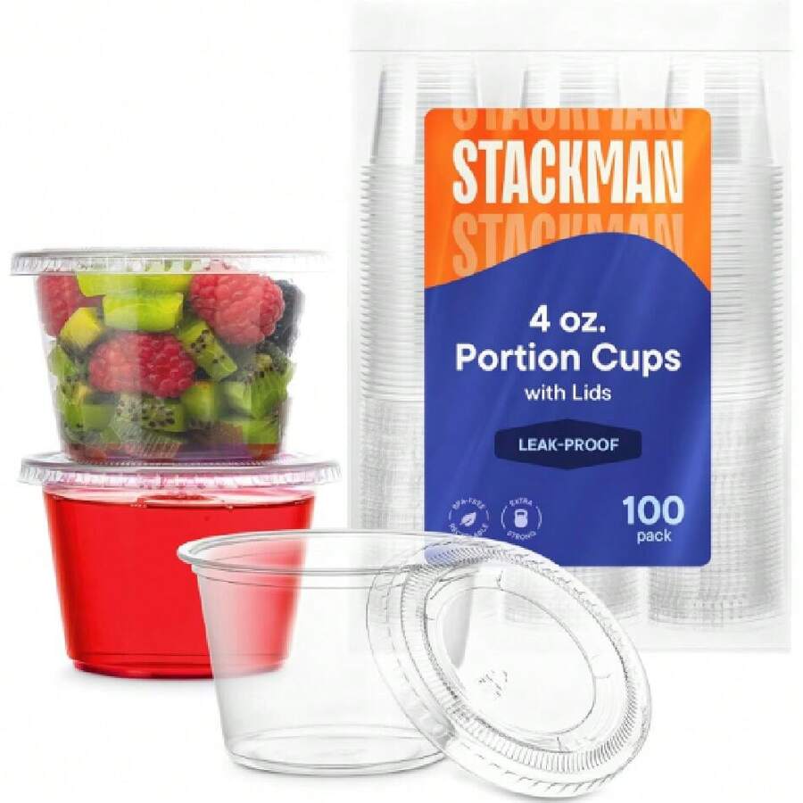 Disposable Mini Plastic Souffle Cups With Lids [100 Sets - 4 Oz] Jello Shot Cups, Jell-O Portion Cups, 4 Ounce Dipping Sauce Ramekins, Salad Dressing Container Cup ,Small Plastic Condiment Containers,28245823 - 米色 - 查看 1