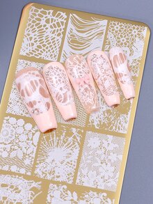 1/2/4 金色格子牛仔图案美甲印花板 圣诞格子不规则蕾丝星心美甲模板 学院风不锈钢模板 美甲工具 可重复使用 DIY 美甲用品 - 金色 - 查看 8