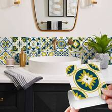 12pcs Bohemian Floral Ceramic Tile Stickers, Self-Adhesive PVC Stickers For Kitchen Backsplash, Bathroom And Stair Walls - Easy To Apply And Remove, 10/15/20cm*12pcs - Multicolor - View 2