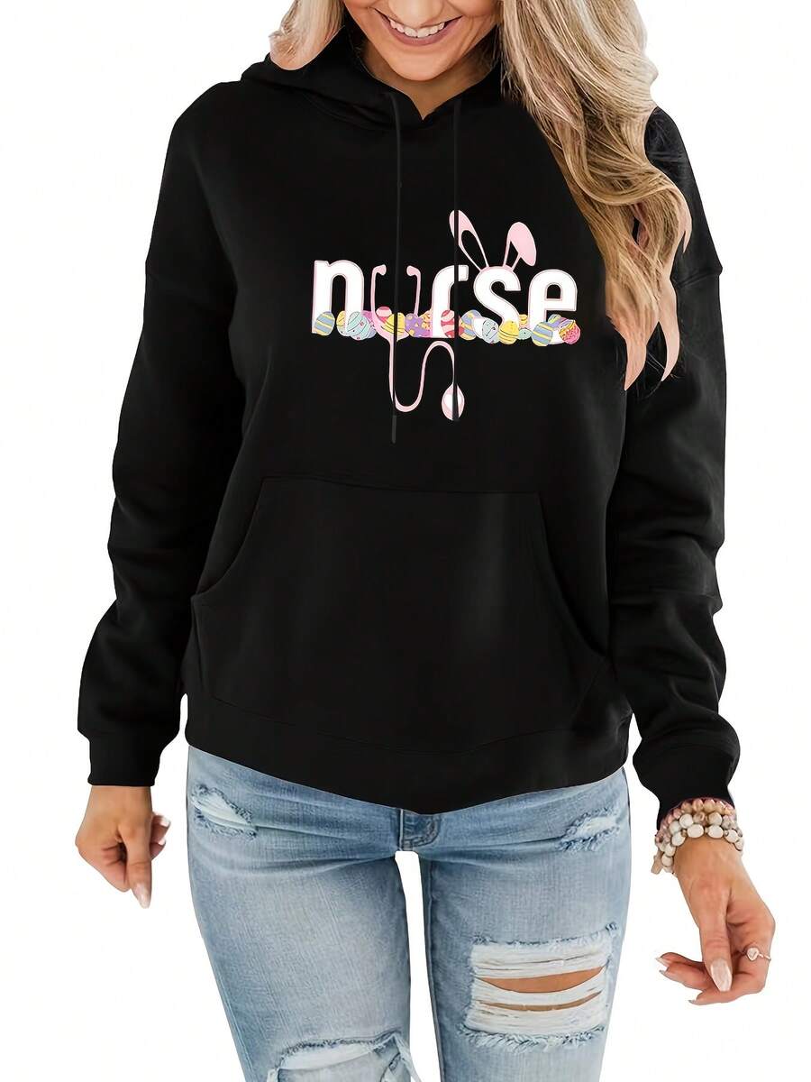 Women'S Casual Long Sleeve Hoodie With "NURSE" Letter Print, Drawstring Hooded Sweatshirt, Black With Colorful Lettering, Kangaroo Pocket, Fall/Winter Collection, Casual Wear Hoodie |   Playful Graphic Hoodie |   Stretchy Fabric Hoodie  END - 黑色 - 查看 1