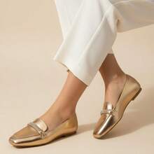 Women's Moccasin Flats With Rhinestones And Square Toe Comfort - Hoa hồng vàng - Xem 7