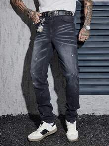 1 pieza Jeans ajustados y acampanados con estiramiento para hombres, de moda y versátiles para uso casual diario y ropa de calle - Negro - Ver 7