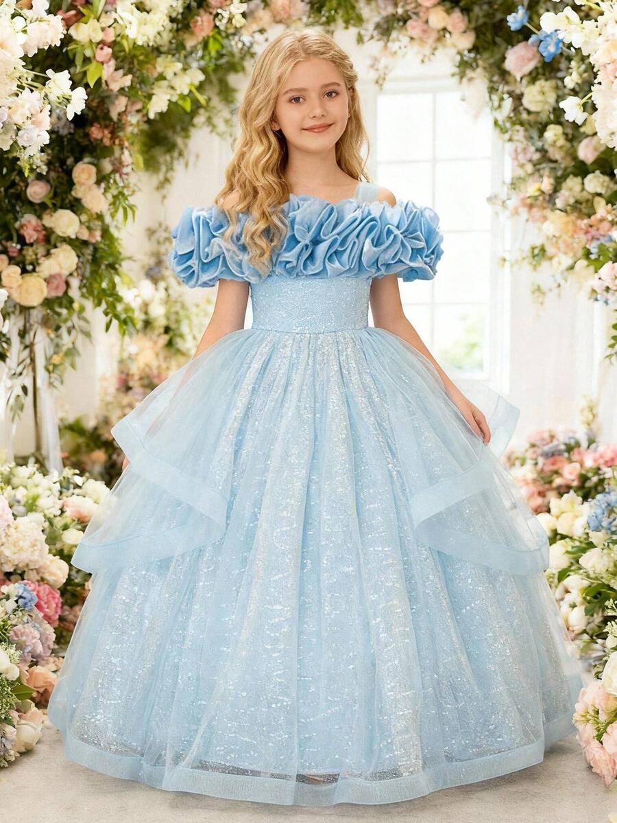 青少年女孩百褶伴娘花童婚禮禮服 優雅亮片生日派對公主晚禮服 蓬鬆薄紗聖誕長洋裝 - 藍色 - 查看 1
