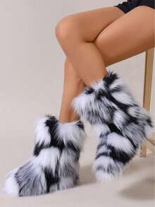 New Rainbow Fur Ankle Boots For Women 2025 Autumn/Winter New Sweet Cool Style Colorful Tie-Dye Faux Fur Warm Fashion Boots Women's Ankle Boots. Furry Boots. Winter BootsSuitable For Extremely Cold Weather. The First Choice For Skiing, Traveling, And Gatherings. - Đen và trắng - Xem 5