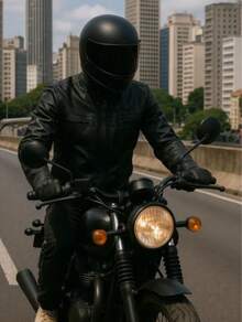 Men's Black Leather Motorcycle Jacket With Zipper - 黑色 - 查看 3