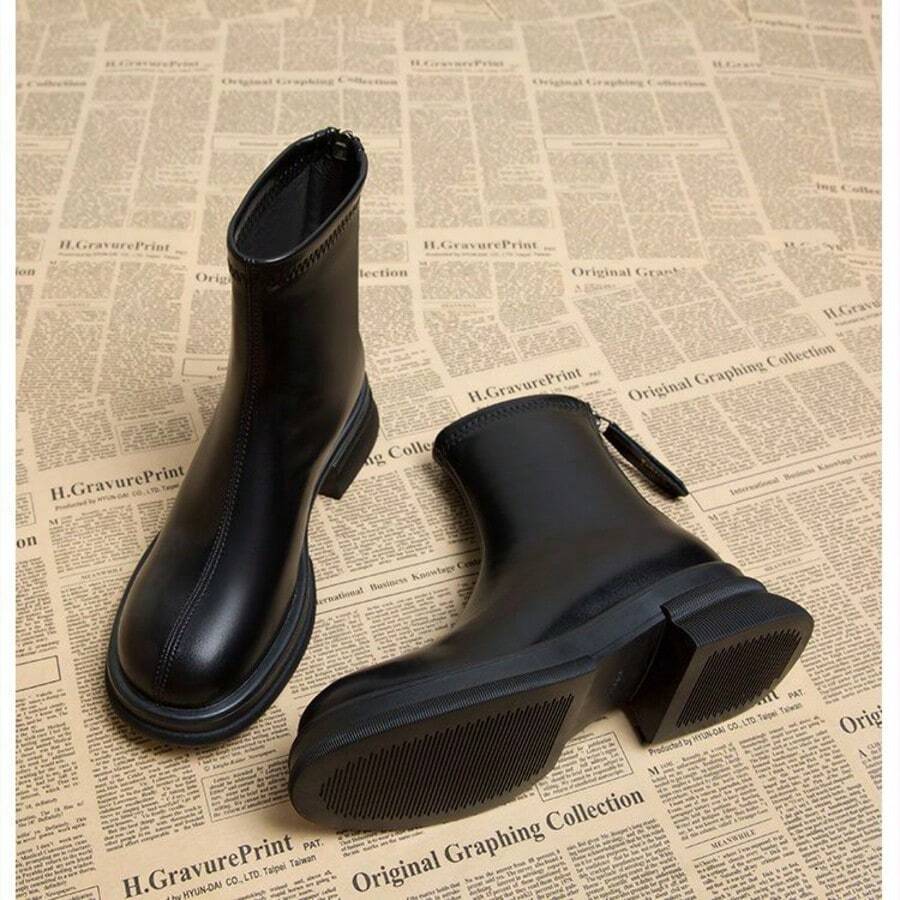 女士复古厚底圆头后拉链黑色踝靴，秋冬款 - 黑色 - 查看 1