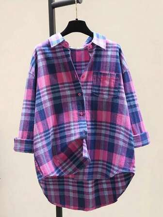 Women's Autumn Drop Shoulder Long Sleeve Single-Breasted Pocket Loose Plaid Shirt