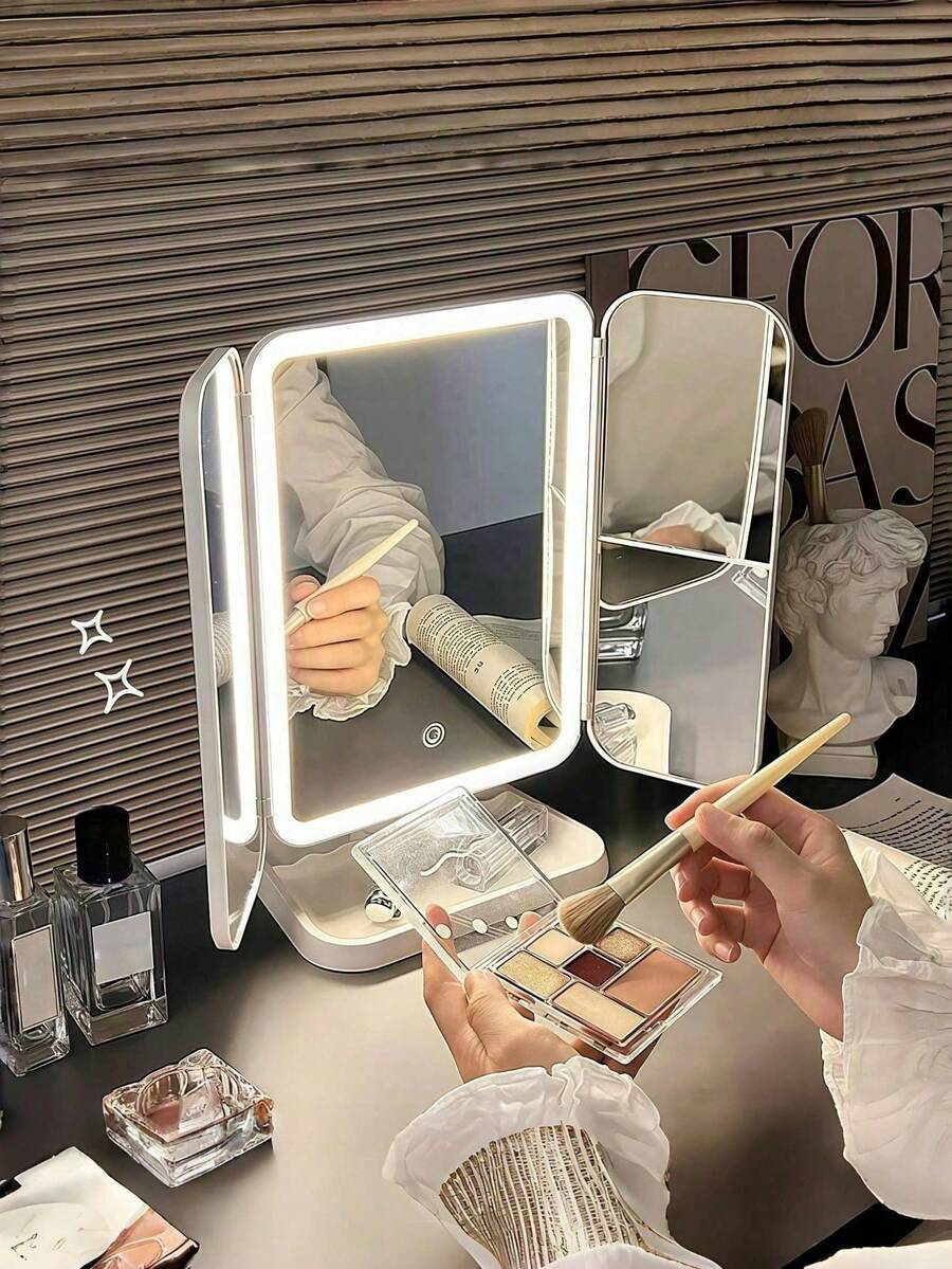 3-Fold LED Makeup Mirror, Vanity Mirror With 3X/2X/1X Magnification, Portable High Definition Makeup Mirror With Adjustable Brightness, 3-Color Lighting, Foldable Design, Rechargeable Battery, USB Charging, Travel Essential, Makeup Mirror With Touch Screen Dimming Function - Multicolor - View 1