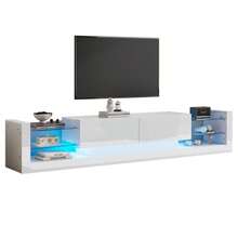 High-Gloss TV Cabinet With LED Lighting, 181 Cm – For TVs Up To 80 Inches, Glass Front, Two Fold-Down Drawers - White + Particle Board + 70-79 Inches - View 7