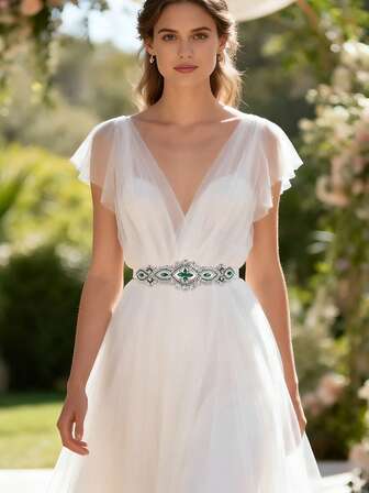 一件式祖母绿钻石新娘腰带，手工制作，水钻婚纱腰带，绿色腰带，闪亮优雅的婚纱装饰，系带腰带。