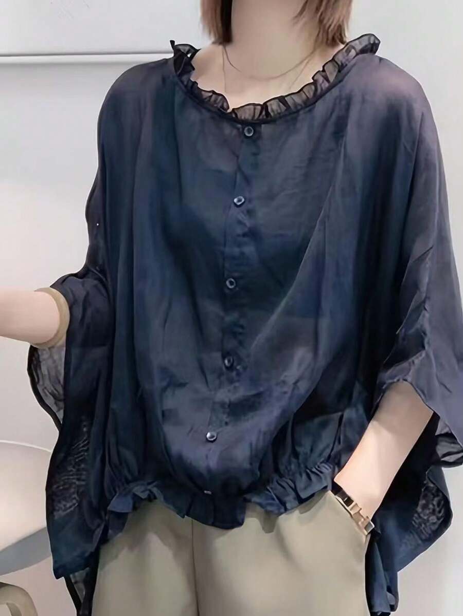 Loose Batwing Sleeve Flattering Casual Linen Shirt - Navy Blue - View 1