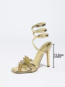 Women's Square Toe Stiletto High Heel Sandals, Gold Glitter Butterfly Rhinestone Ankle Strap, Comfortable And Luxurious, Fashion And Elegant, Suitable For Formal Occasions, Party And Banquet,Spring Summer Outfits - Gold - View 3