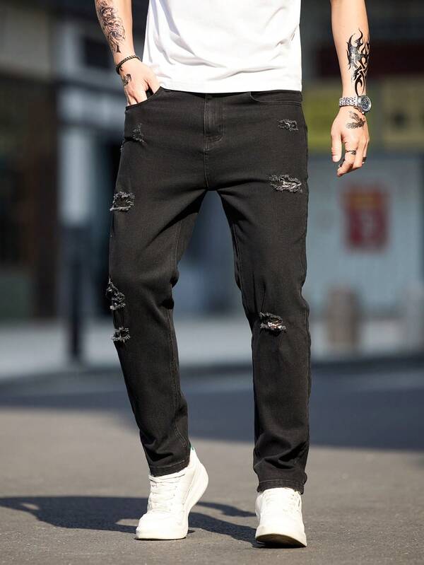 American Style Plus Size Distressed Jeans For Big And Tall Men, Fashionable Loose Fit Jeans Pants