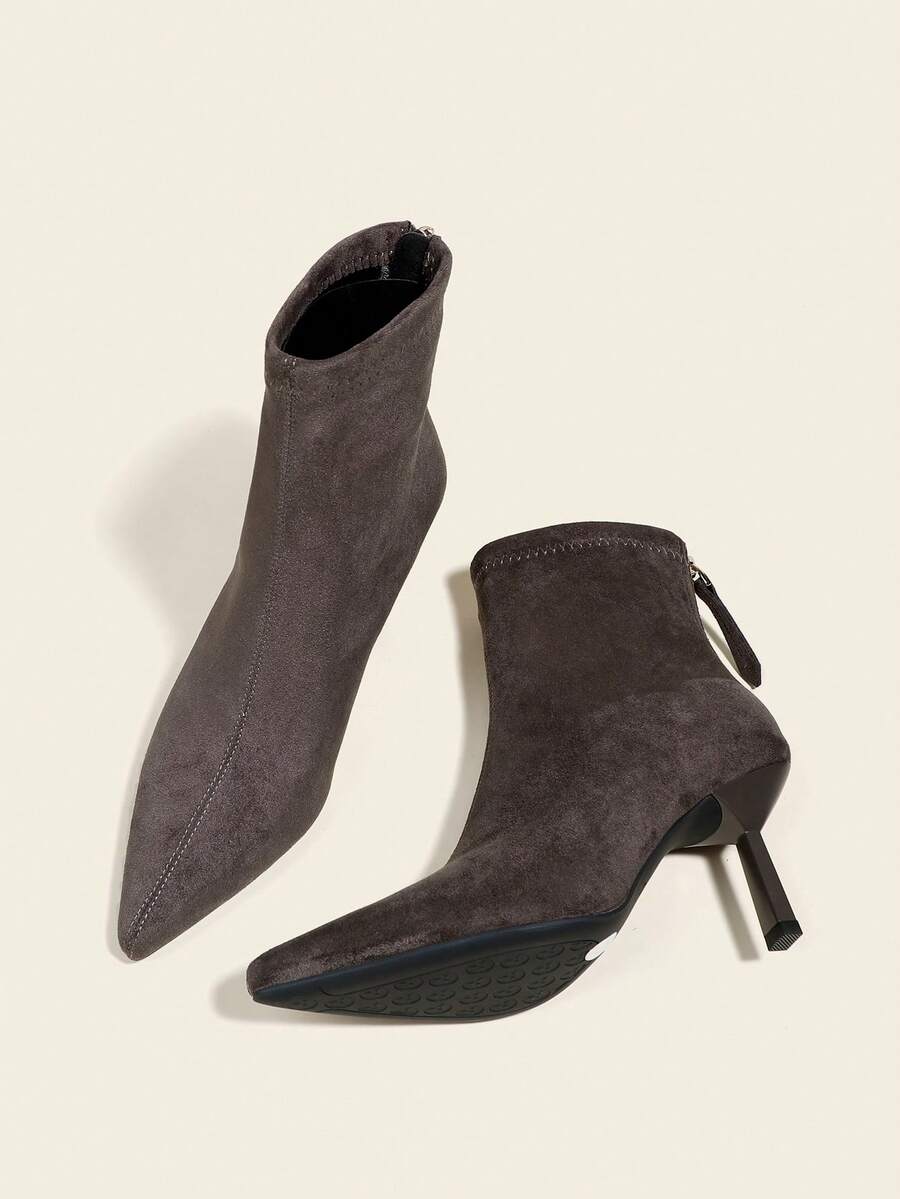 Giày bốt cổ ngắn nữ màu xám da lộn, cao gót 7cm, ôm sát, thoải mái và thời trang, mũi nhọn, dành cho mùa thu/đông. - Xám - Xem 1