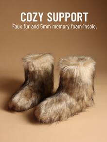 Women's Faux Fur Boot Furry Fluffy Round Toe Suede Winter Comfy Plush Warm Short Outdoor Indoor Flat Shoes Mid-Calf Boots Suitable For Party Festivals Brown Boots - 棕色 - 查看 2