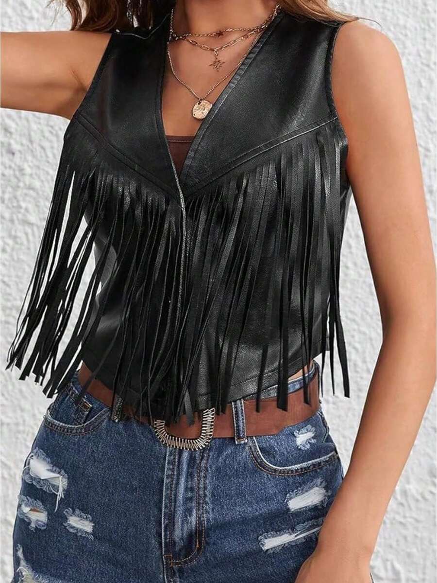 Womens Leather Tassel Vest 70s Hippie Costume Sleeveless Cowgirl Western Outerwear - 黑色 - 查看 1