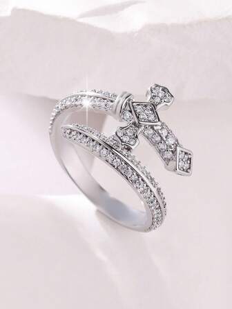 1pc Fashionable Vintage Exquisite Dazzling Unique Sword Inlaid With Synthetic Zirconia Ring - Men's High-End Jewelry - Suitable For Birthday, Valentine's Day, Party, Street Performance