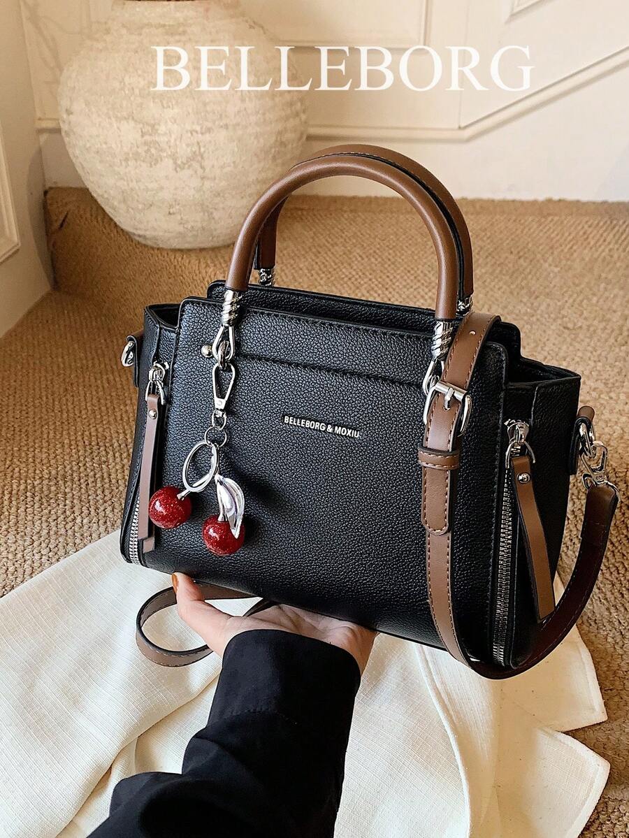 BELLEBORG 荔枝纹理优雅拉链装饰女士手提包带吊坠 - 黑色 - 查看 1