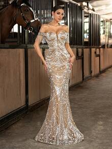 惊艳的无袖露肩正式礼服，饰以珠子、亮片和流苏细节，美人鱼长款礼服，适合春季婚礼派对 - 香檳色 - 查看 5