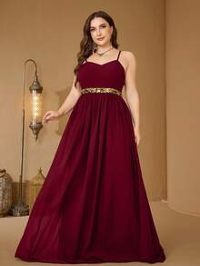 UNITHORSE Plus Size V-Neck Heavily Embroidered Extra Long Flared Sleeve Black Chiffon Dress - Burgundy - View 3
