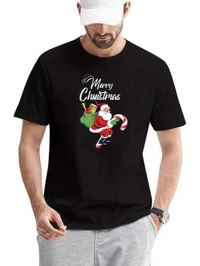 Men's Santa Claus Print T-Shirt - Short Sleeve Crew Neck Christmas Holiday Party Shirt With Hot Transfer Durable Red & White Santa Design, Casual Summer Wear For S, Year-Round Festive Outfits (Regular Fit)