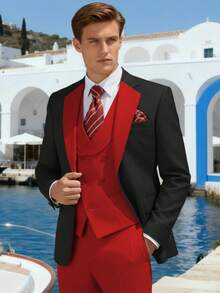 Men's Suits Slim Fit 6 Piece Suits For Men Double Breasted Suit With Tie Brooch Pocket Square Wedding Suits Jacket Vest Pants Tuxedo Suit Set(Suits+Pants+Vest+Tie+Brooch+Pocket Square)For Business Dinner Wedding Party, Suitable For Formal Occasions, Perfect Gift For Business Professionals Spring/Summer/Fall, Formal Attire|Sleek Formal Attire|Nonstretch Fabric - Đen-Đỏ - Xem 3
