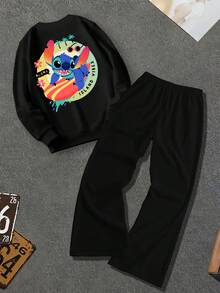 Disney مجموعة من قطعتين للرجال بتصميم الشارع: بلوزة رياضية مع رسومات خياطة وبنطال واسع، ملابس كاجوال - الأسود - مشاهدة 5