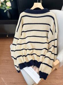 Plus-Size Collegiate-Style Striped Knit Pullover Sweater, Drop-Shoulder Long Sleeves, Ribbed Details, Super Loose Pullover Knit Design - Khaki - View 10