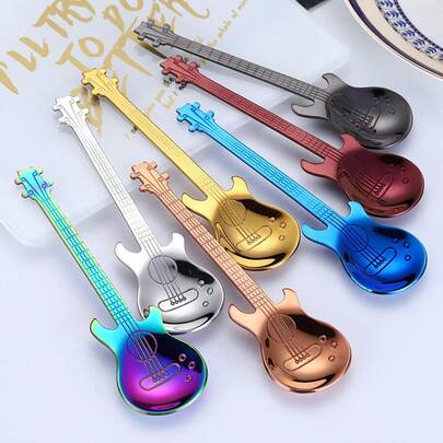 2pcs Stainless Steel Coffee Spoons, 304 Stainless Steel Guitar Shaped Coffee Stirring Spoons, Titanium Plated, Creative Gift, Random Color Packaging