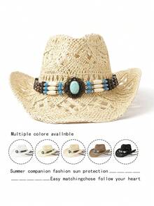 1pc Unisex Gemstone Decor Western Cowboy Hat, Hollow Print Straw Hat, Spring/Summer Travel Sun Beach Hat, Casual Sun Hat (After Receiving The Product, If The Brim Is Deformed, It Needs To Be Manually Adjusted Back)