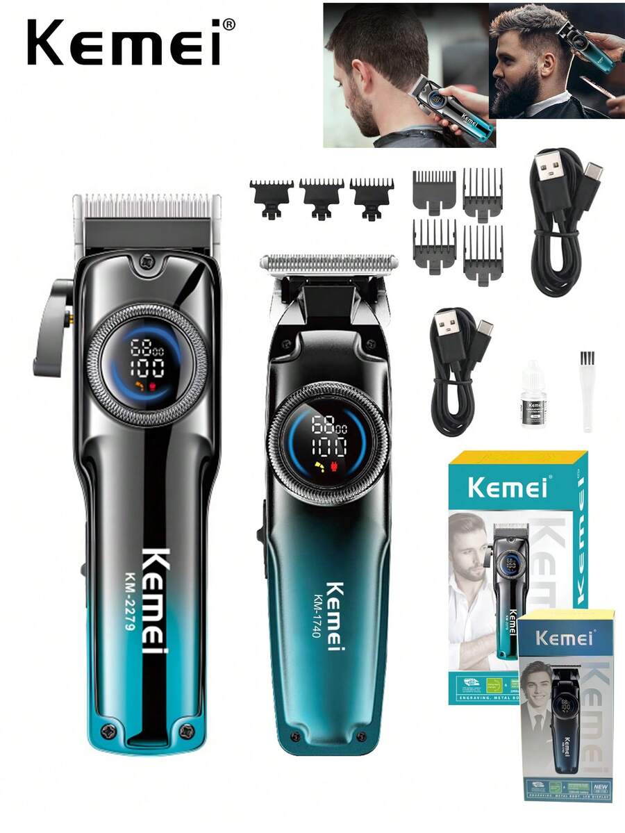 Kemei Electric Hair Clipper Professional Hair Cutting For Men KM-2279 & Electric Hair Trimmer KM-1740 Sculpting Clipper T-Blade Clipper 0mm Zero Gapped Carving Clipper Trimming For Men Daily Use Salon Use Set For Haircut Gift For Men