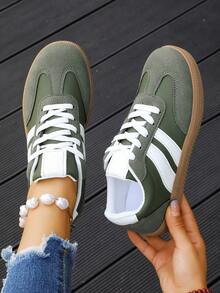 1 par de zapatillas casuales de piel de PU con cordones planos para mujer, color verde, adecuadas para todas las estaciones - Verde Oscuro - Ver 10