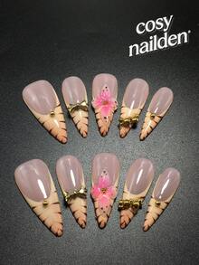 Each Set Consists Of 10 Pieces Of Handmade Y2K Fine High-Heeled Acrylic Nail Plates, Designed In French Style With Rhinestones, Stripes, Petals, And Bow Decorations, Available In Multiple Tones And Nude Colors. 3 Sizes To Fit, Suitable For Parties, Dances, And Daily Wear, Comes With A Nail Kit, Making It An Ideal Press On Nails Gift For Ladies And Girls.