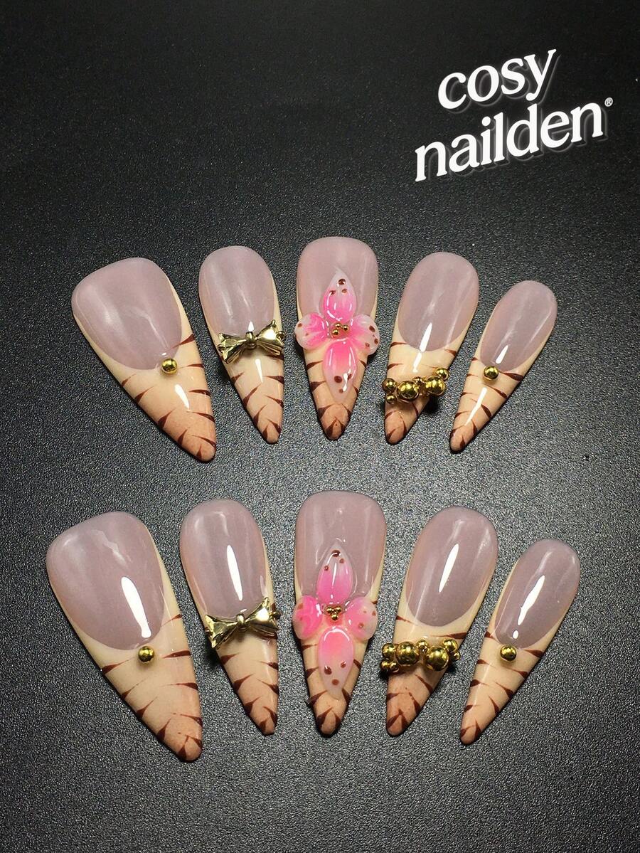 Each Set Consists Of 10 Pieces Of Handmade Y2K Fine High-Heeled Acrylic Nail Plates, Designed In French Style With Rhinestones, Stripes, Petals, And Bow Decorations, Available In Multiple Tones And Nude Colors. 3 Sizes To Fit, Suitable For Parties, Dances, And Daily Wear, Comes With A Nail Kit, Making It An Ideal Press On Nails Gift For Ladies And Girls.