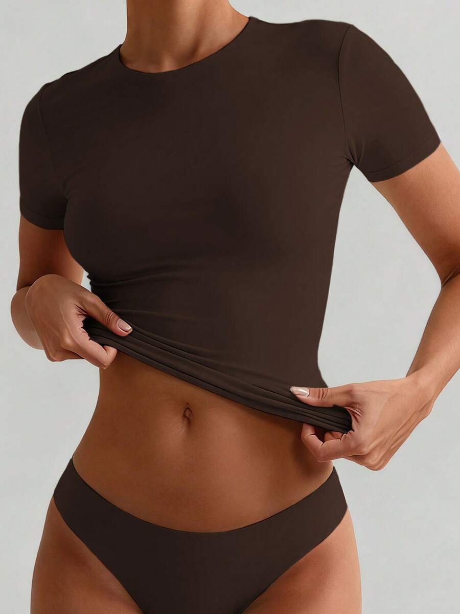 XLLAIS Small Round Neck Short Sleeve Solid Basic Skinny Women Casual T-Shirt Brown Tops - Dark Brown - View 1