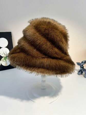 1 pieza Sombrero de cubo de piel de zorro sintética, gorra de regalo de alta gama gruesa y de moda de piel sintética de visón para ropa de invierno de mujer