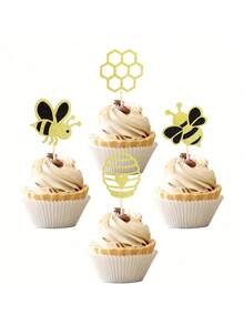 24pcs Bumble Bee Cup Cake Toppers -Baby Shower Decoration-Birthday Decoration- Gender Reveal Decor-Party Supplies-Wedding Decor- Festival Birthday Party Cake Decorations & Premium Supplies, Back To School Valentine Day Father's Day Graduation - Multicolor - View 9