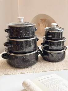 3pcs Enamel Speckled Small Capacity Soup Pot Set, Suitable For Induction Cooktop & Open Flame, Natural Marble Texture Enamel Pot With Elegant Silver Rim Design, Glass Lid Enamel Cookware Set, Great Gift For Relatives And Friends - Multicolor - View 7