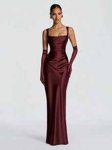 Elegant Satin Cinched Waist Bodycon Slip Dress, Long Gown For Halloween Party, Cocktail Party, Christmas Party - Burgundy - View 6