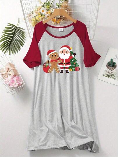 1件装女士加大码圣诞连衣裙 - 休闲针织家居服睡袍，姜饼和圣诞树印花，四季皆宜的舒适睡衣，哞哞睡裙