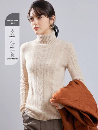 Women's High Neck Sweater, 100% Merino Wool Seamless Knit, Loose Fit Thick Wool Pullover, Suitable For Holiday, Office, Home, Travel, Airport, Autumn/Winter