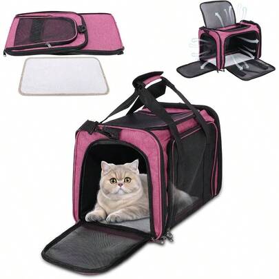 Transportadora Para Gato Perro, Plegable Porttil Transportadora Para Avion Para Gato, Gran Capacidad Transpirable Mochila Transportadora Para Gato con Correas de Hombro Ajustables y Acolchado Suave