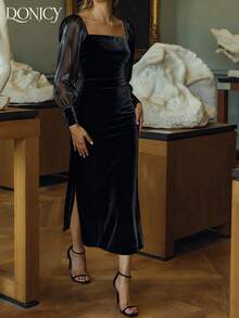 DONICY Women's Black Square Neck Sheer Puff Sleeve Velvet Slit Midi Dress, Elegant Outfit For Fall Winter Party Wear - Black - View 3